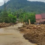 Tumpukan balok-balok kayu yang terbawa banjir menghancurkan rumah beserta fasilitas umum di Lingkungan IV, Kelurahan Hutanabolon, Tukka, Tapanuli Tengah Sumatera Utara/ Foto: ANTARA