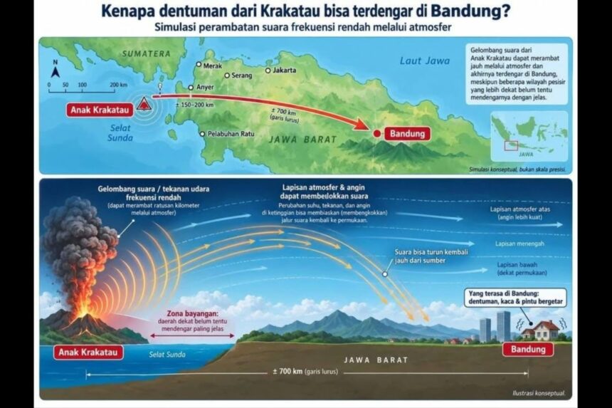 Simulasi perambatan suara frekuensinya rendah dari suara dentuman yang terdengar di Bandung Raya, diduga dari erupsi Gunung Anak Krakatau/ Foto: ANTARA