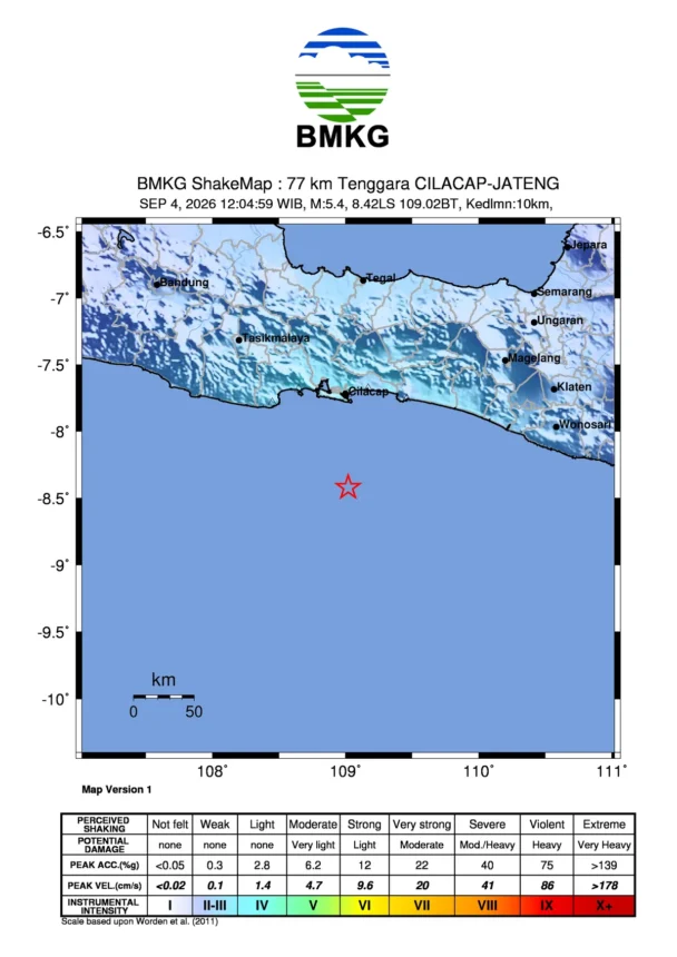 Titik gempa bumi yang ada di Cilacap/ Foto: BMKG