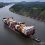 Sebuah kapal kontainer berbendera Liberia melintasi Terusan Panama/ Foto: The Guardian