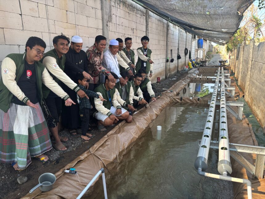 DPL KKN Kelompok 13 Mohammad syarrafah saat meresmikan kolam budidaya ikan yang disertai aquaponik/dok.Aktual.co.id