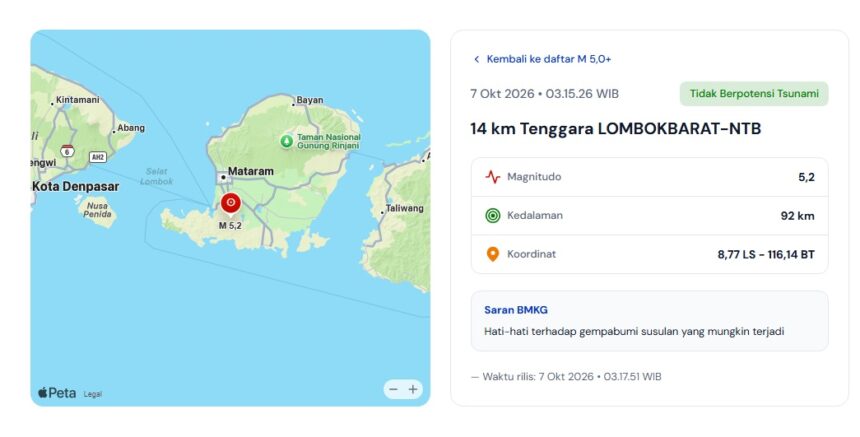 Pusat gempa bumi di NTB/ Foto: BMKG