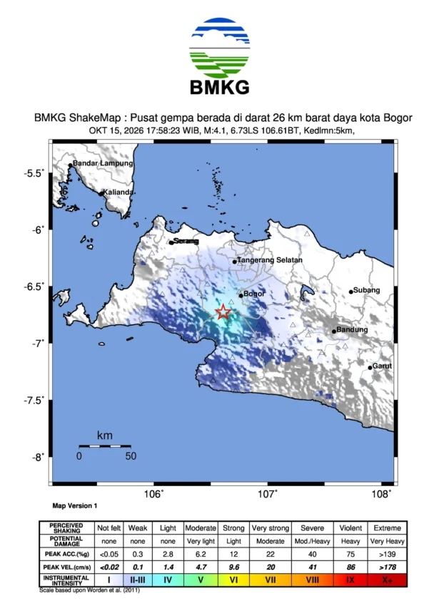 Lokasi gempa bumi di Kota Bogor/ Foto: BMKG